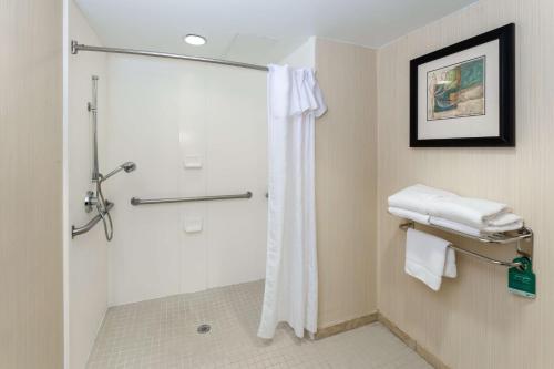 a bathroom with a shower with a shower curtain at Homewood Suites by Hilton Lawrenceville Duluth in Lawrenceville