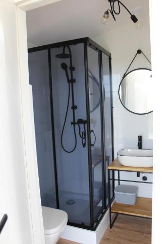 a glass shower in a bathroom with a toilet and a sink at Między Jeziorami in Ogonki