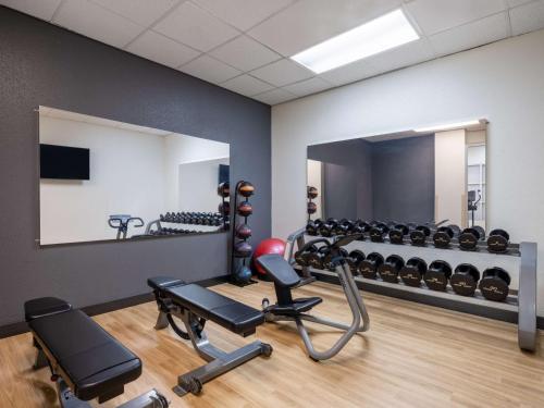 a gym with dumbbells and a mirror at Embassy Suites Baltimore - North/Hunt Valley in Hunt Valley