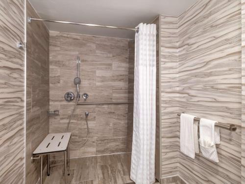 a bathroom with a shower with a bench in it at Embassy Suites Baltimore - North/Hunt Valley in Hunt Valley