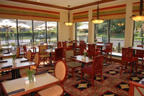 um restaurante com mesas, cadeiras e janelas em Hilton Garden Inn Bowling Green em Bowling Green