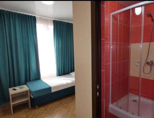 a room with a bed and a shower and a bathroom at Guest House on Druzhby 1 in Tsandrypsh