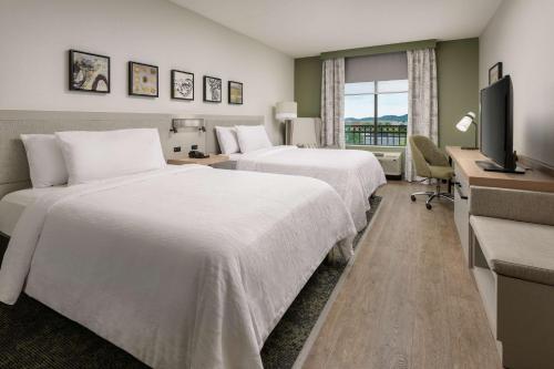Habitación de hotel con 2 camas y escritorio en Hilton Garden Inn Nashville/Franklin-Cool Springs, en Franklin