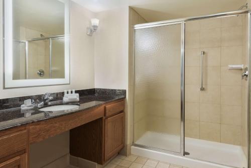 a bathroom with a shower and a sink at Homewood Suites by Hilton Buffalo-Amherst in Amherst