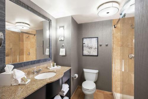 a bathroom with a toilet and a sink and a shower at Hilton Columbia Center in Columbia