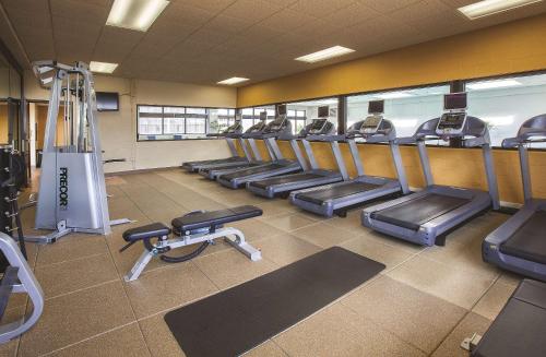 a gym with rows of treadmills and ellipticals at DoubleTree by Hilton Chicago - Oak Brook in Oak Brook