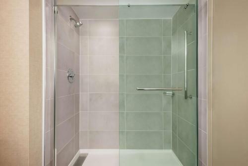 a bathroom with a shower with a glass door at Embassy Suites by Hilton Cleveland Rockside in Independence
