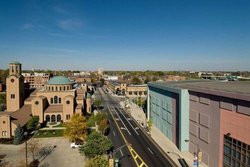 an aerial view of a city with a street and buildings at Hampton Inn & Suites Columbus-Downtown, Ohio in Columbus