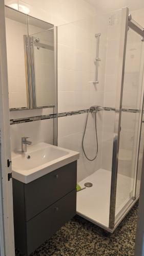 une salle de bain avec une douche et un lavabo et une douche dans l'établissement Studio climatisé avec coin nuit 150m de la plage, au Lavandou