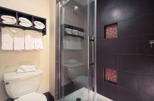 a bathroom with a toilet and a glass shower at Hampton Inn & Suites Columbus-Downtown, Ohio in Columbus