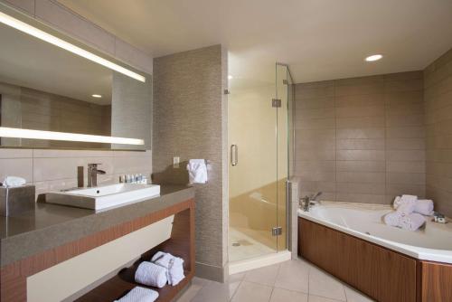 a bathroom with a tub and a sink and a shower at The Broadway Columbia - a DoubleTree by Hilton Hotel in Columbia