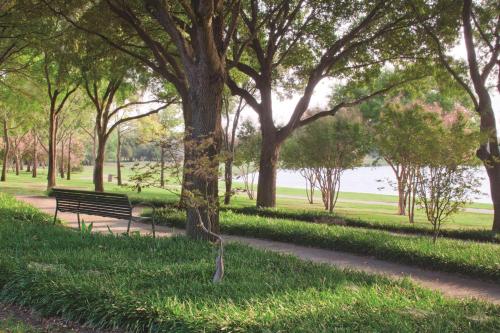 a park with a bench and trees and a body of water at DoubleTree by Hilton Dallas-Farmers Branch in Farmers Branch