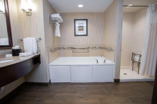 a large bathroom with a tub and a sink at Hilton Garden Inn Dayton South - Austin Landing in Springboro
