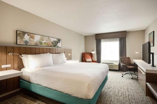 een hotelkamer met een bed en een televisie bij Hilton Garden Inn Dubuque Downtown in Dubuque