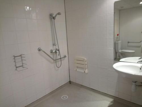 une salle de bain avec un lavabo, une douche et des toilettes dans l'établissement Agréable Studio familial à lourdes, proche gare, à Lourdes