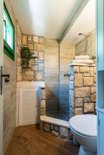a bathroom with a shower and a toilet at Trapula stone paradise in Maslinica