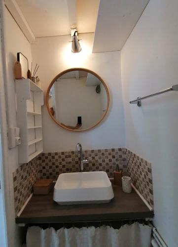 une salle de bain avec un lavabo et un miroir dans l'établissement Jolie maison avec terrasse au centre-ville d'Arles, à Arles