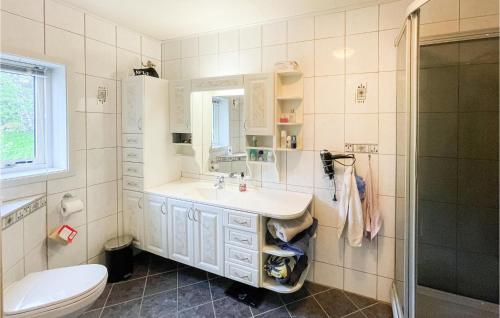 a bathroom with a sink and a toilet at Beautiful Home In Bogen I Ofoten With Wifi in Bogen