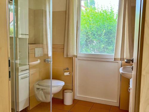 uma casa de banho com um WC, um lavatório e uma janela em House, Röbel an der Müritz em Marienfelde