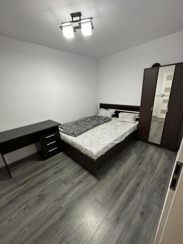 a bedroom with a bed and a dresser and a mirror at Apartament Anastasia Residence in Oradea