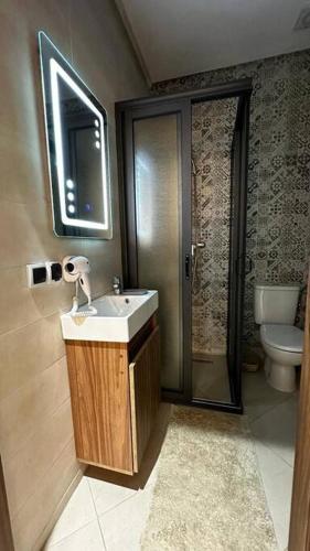 La salle de bains est pourvue d'un lavabo, de toilettes et d'un miroir. dans l'établissement Appartement Ferdaous, à Agadir