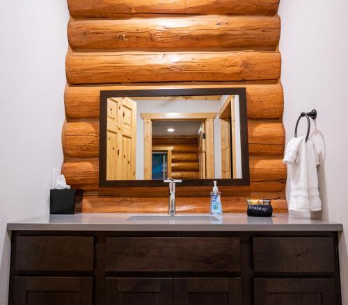 a bathroom sink with a mirror on a wooden wall at North Haven Campground in Bonners Ferry