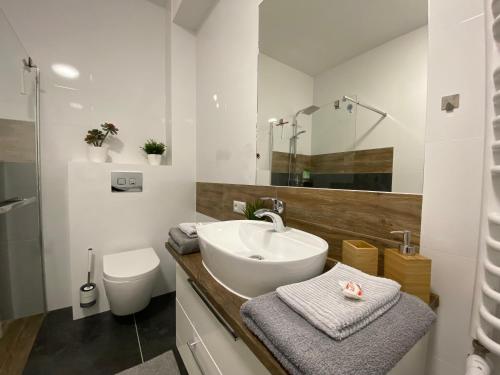 a white bathroom with a sink and a toilet at Ostseenahe Erholung Ruhe Komfort in Kleinstadt in Kamień Pomorski