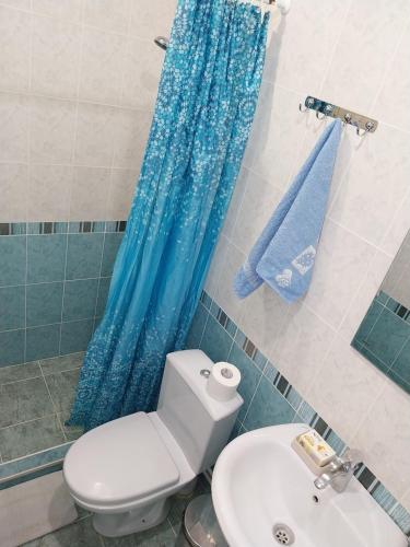 a bathroom with a toilet and a blue shower curtain at Like Home Guesthouse in Yerevan
