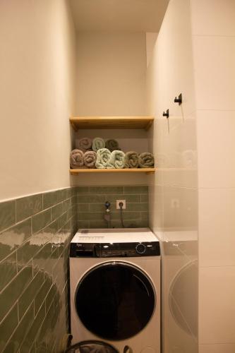 a washer and dryer in a small kitchen at Eco lodge Duin- unieke locatie -strand, duin en nabij cultuursteden in Castricum
