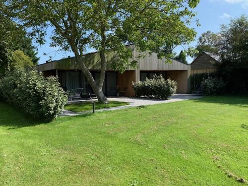 a house with a tree in a yard at Eco lodge Duin- unieke locatie -strand, duin en nabij cultuursteden in Castricum
