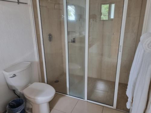 a bathroom with a shower and a toilet at Hotel La Ribereña in Ajijic