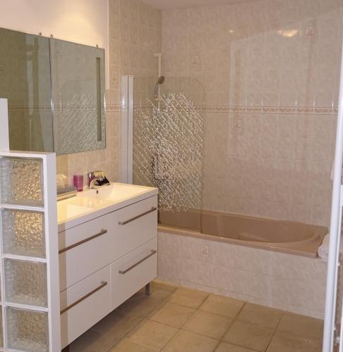 une salle de bain avec un lavabo, une douche et une baignoire dans l'établissement Hôtel Restaurant du Commerce, à Estang