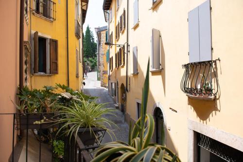 an alley between two buildings with potted plants at Alessi Appartamenti in Desenzano del Garda