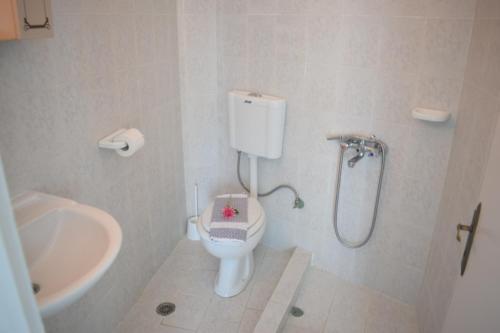 La salle de bains est pourvue d'une douche, de toilettes et d'un lavabo. dans l'établissement Mirto Beach Hotel & Restaurant, à Paralia Vrachou