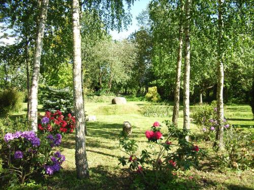 a garden with flowers and trees in a park at Ostsee Hotel-Pension An der Lindenallee in Bad Doberan