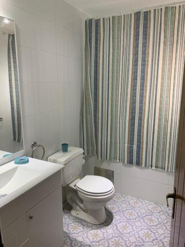 a bathroom with a toilet and a shower curtain at Cabaña (entre Pichidangui y los Vilos) in Los Vilos