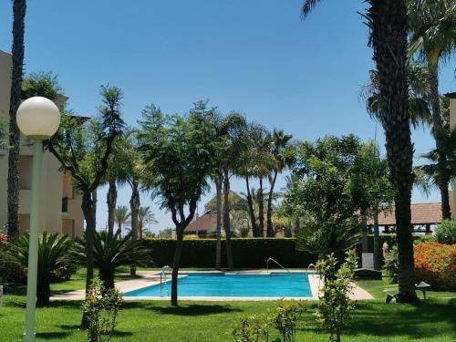 een zwembad in een tuin met palmbomen bij Belrodagolf in San Javier