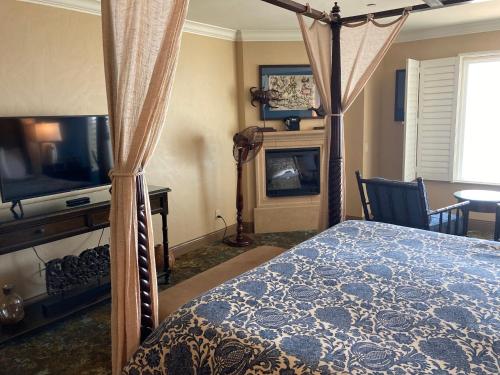 a bedroom with a bed and a tv and a fireplace at Blue Dolphin Inn in Cambria