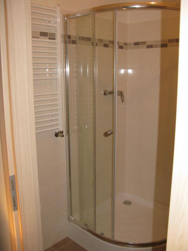 a shower with a glass door in a bathroom at Apartment 153 - Rezidence Eliska - Prague 9 in Prague