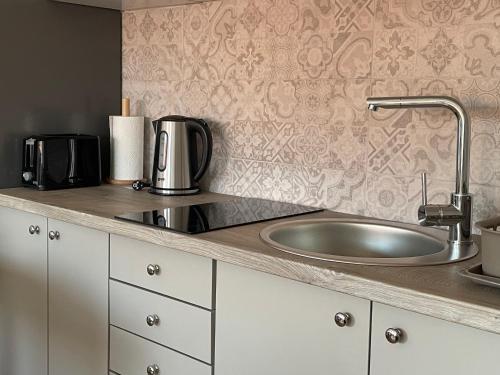 a kitchen counter top with a sink and a counter top at Sunny apartment in Vršac