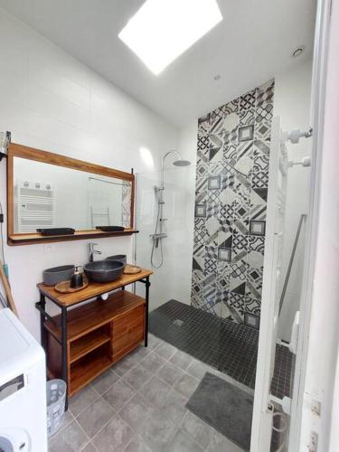 une salle de bain avec une douche, un lavabo et un miroir dans l'établissement Maison ambiance loft à 2 pas du port d'Arcachon et des plages, à Arcachon