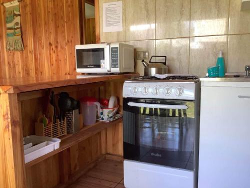 a kitchen with a stove and a microwave at Cabañas Amatista Neltume in Neltume