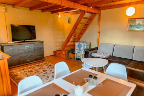 ein Wohnzimmer mit einem Sofa und einem TV in der Unterkunft Domek na Mazurach 