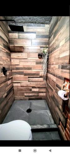 a bathroom with a toilet and a wooden wall at Departamento Xolotl (Dios guía y del fuego) in Cholula