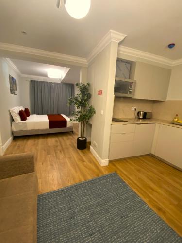 a living room with a bed and a kitchen at Apartamentos Colmeia in Lisbon