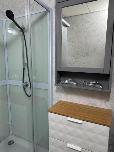 W łazience znajduje się prysznic ze szklanymi drzwiami. w obiekcie Shed 100 w mieście Westerlee