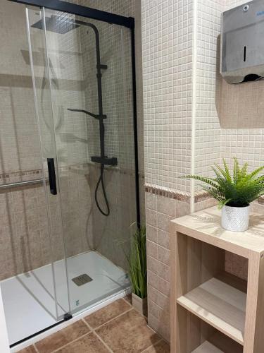 a shower with a glass door in a bathroom at UIM Planta baja Canovas del Castillo, PLAYA WIFI in Puerto de Sagunto