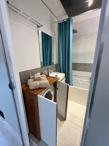 a small bathroom with a washing machine in it at Charmant studio pour 3 personnes in Vallauris