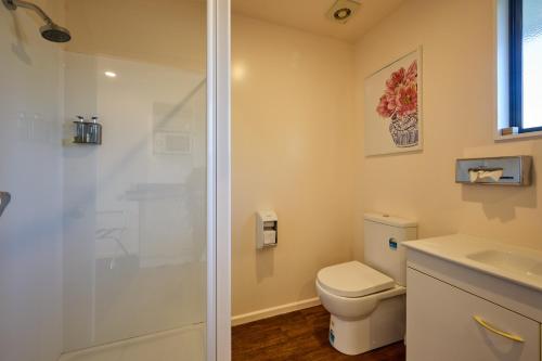a bathroom with a toilet and a shower at Mediterranean Motel Kaikoura in Kaikoura