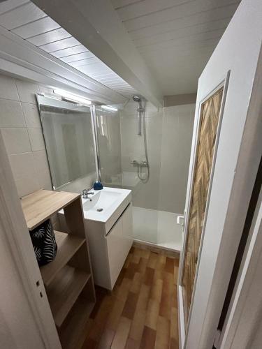une salle de bain blanche avec un lavabo et une douche dans l'établissement L appartement de NOLY 4 couchages TV wifi, à Vias